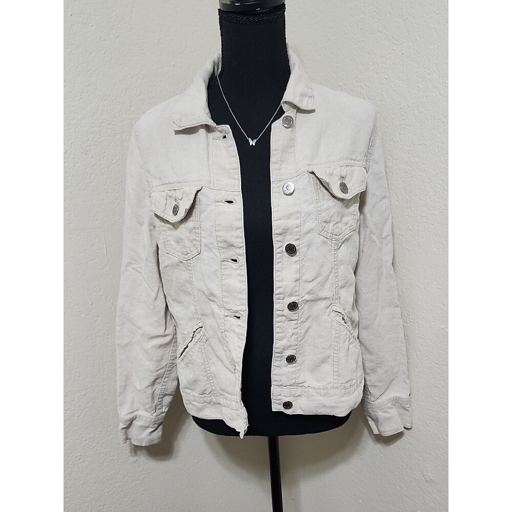 Eddie Bauer Cream Denim Trucker Jacket Sz M 100% Linen Classic (Flawed)